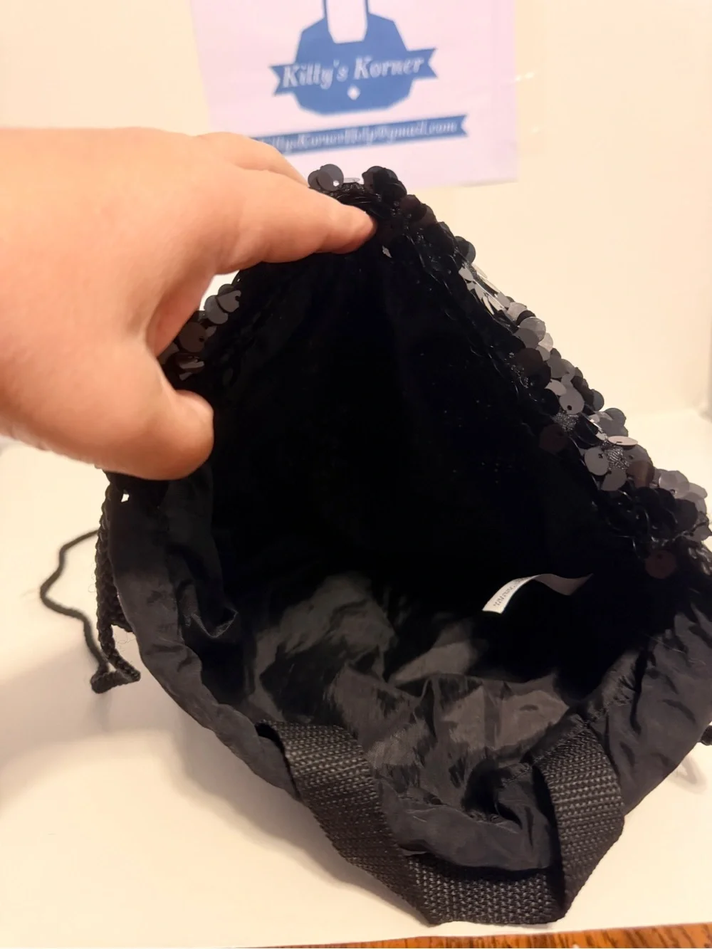 Black Sequined Drawstring Backpack - Picture 7 of 7